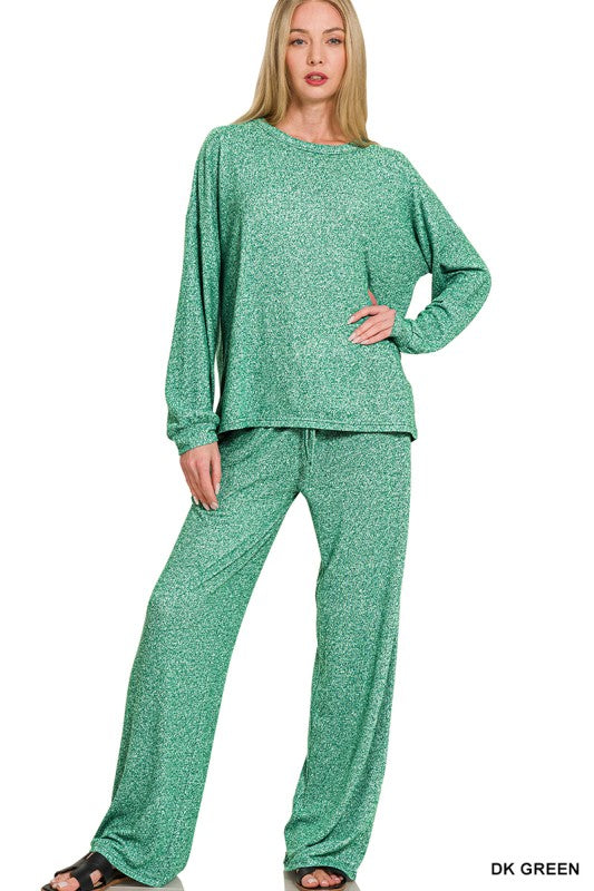 Zenana Black Soft Melange Hacci Long Sleeve Tee & Pants Set
