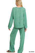 Zenana Black Soft Melange Hacci Long Sleeve Tee & Pants Set