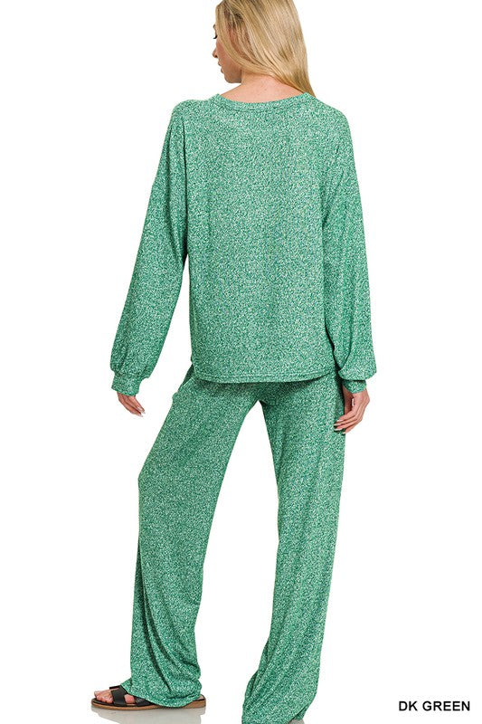 Zenana Black Soft Melange Hacci Long Sleeve Tee & Pants Set