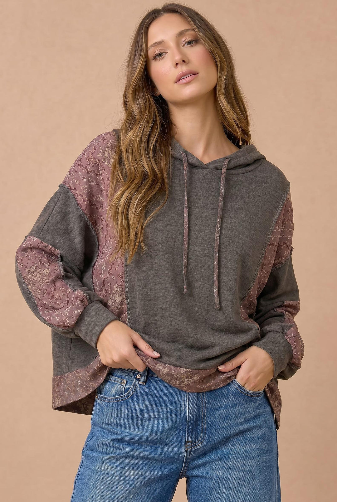 Haptics Mix and Match Patchwork Drawstring Hoodie