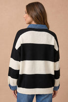 Haptics Blueberry Fields Striped Denim Collar Sweater in Brown & Slate Blue