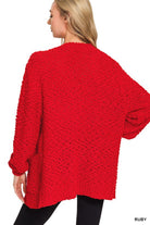 Zenana Ivory Long Sleeve Popcorn Sweater Cardigan with Pockets
