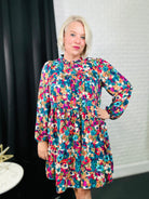 Haptics Teal & Berry Mock Neck Watercolor Floral Dress