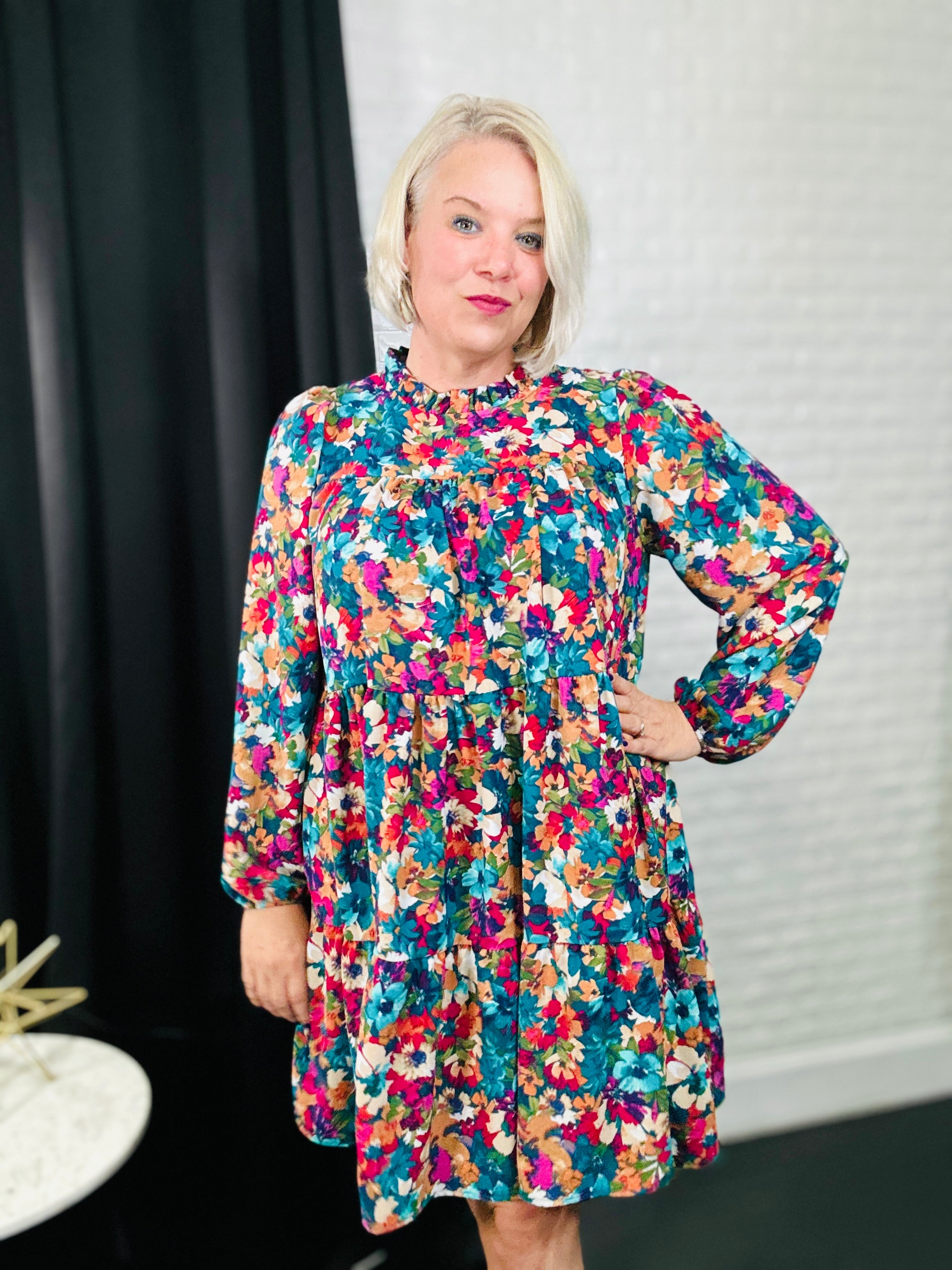Haptics Teal & Berry Mock Neck Watercolor Floral Dress