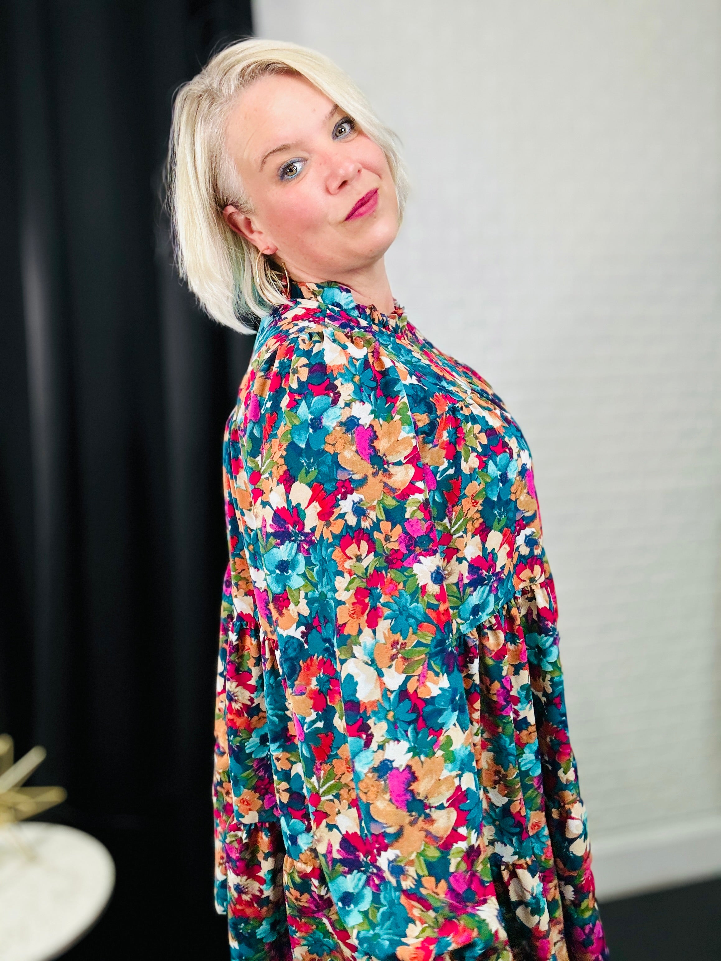 Haptics Teal & Berry Mock Neck Watercolor Floral Dress