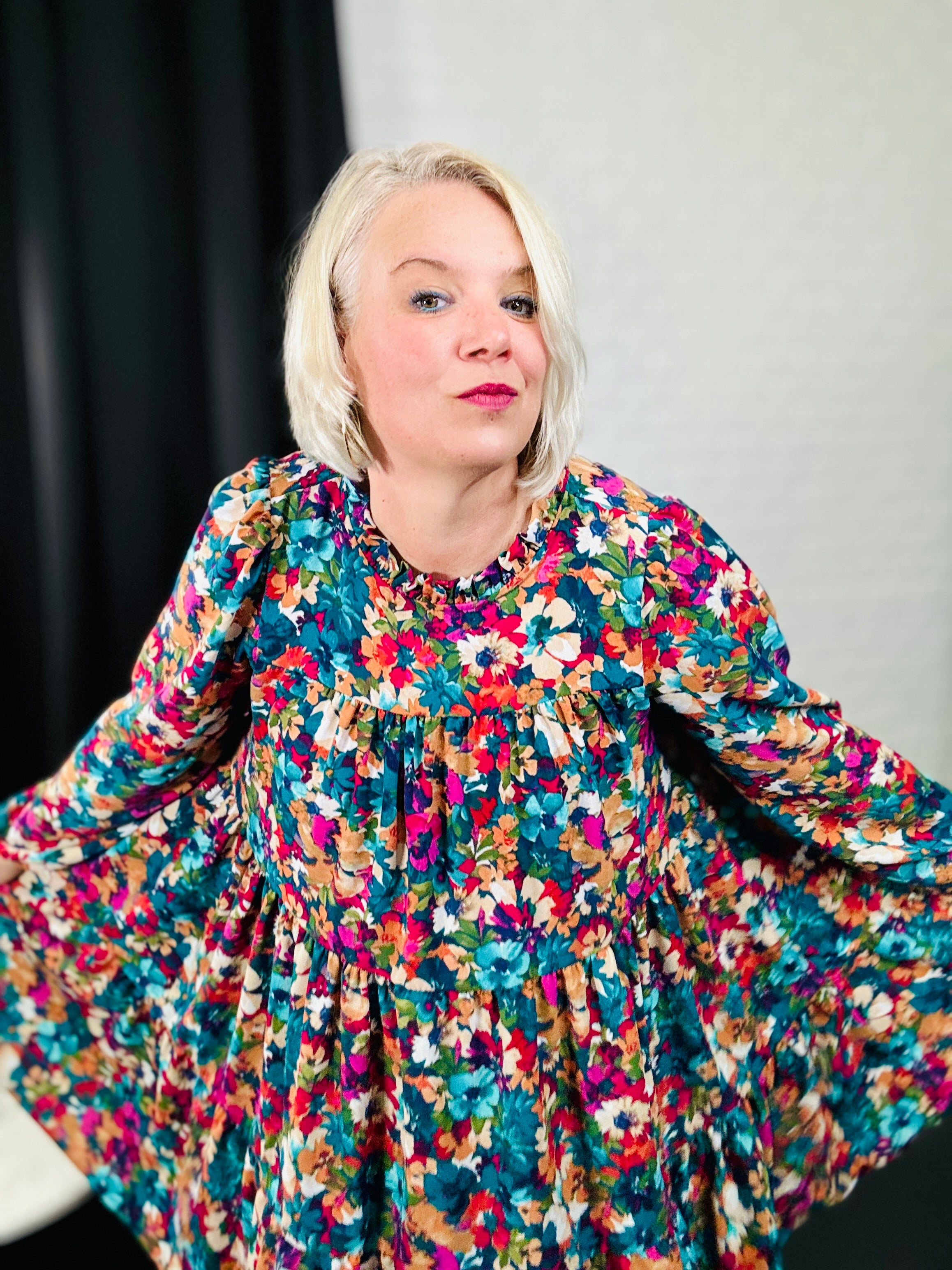Haptics Teal & Berry Mock Neck Watercolor Floral Dress