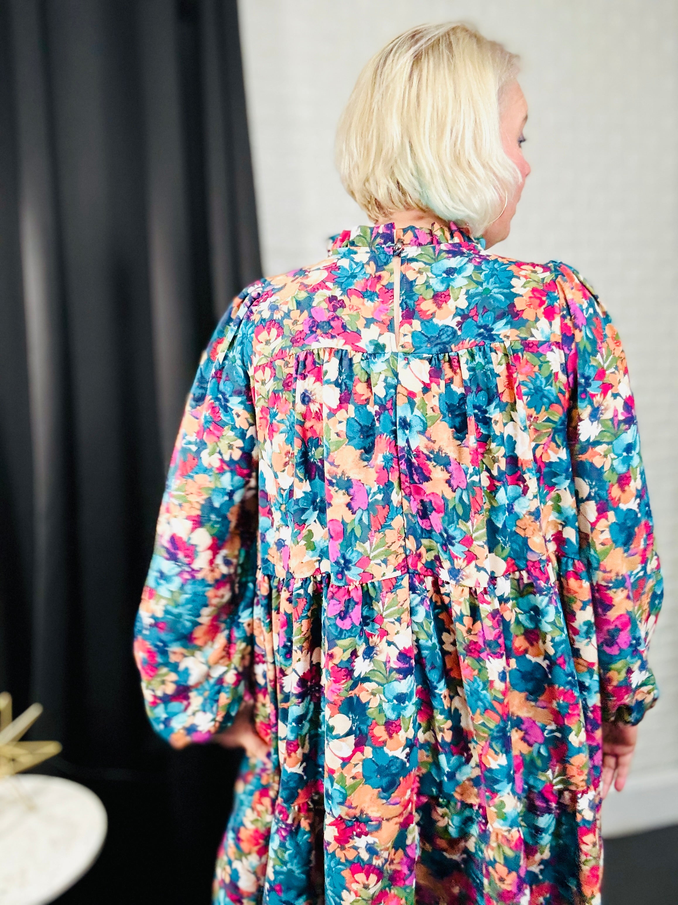 Haptics Teal & Berry Mock Neck Watercolor Floral Dress