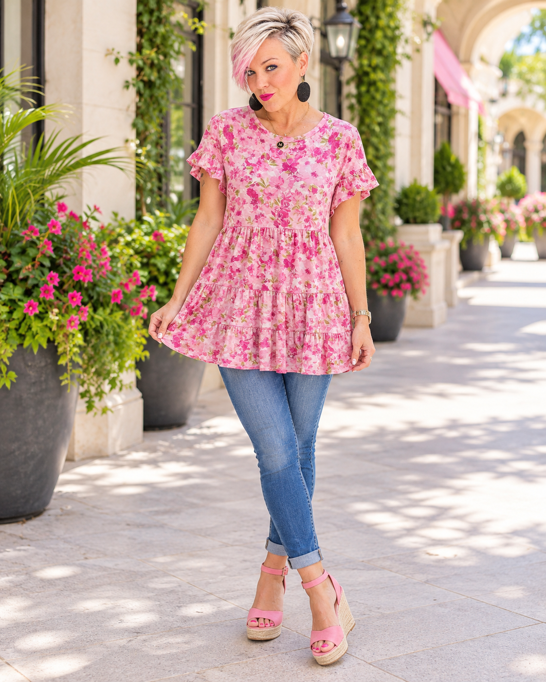 Haptics Petalfall Ruffle Pink Floral Top