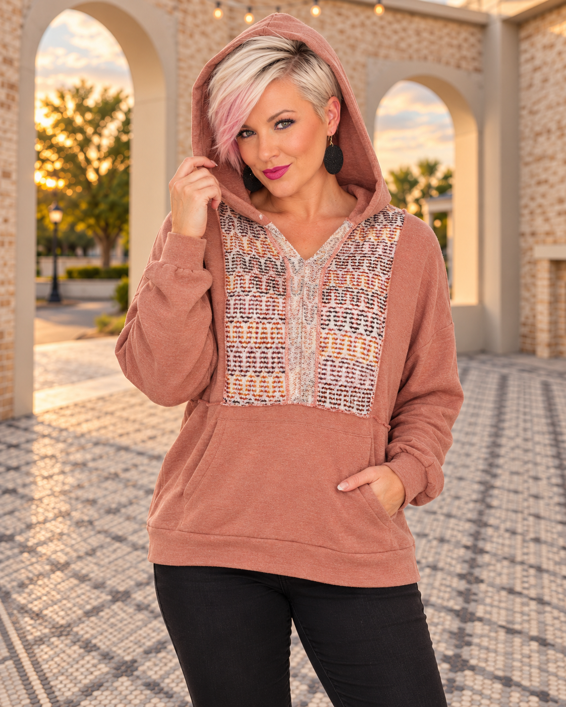 Haptics Wave Hello Mixed Print Hoodie Tops