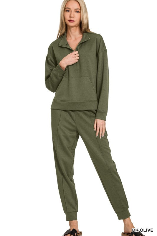 Zenana Black Scuba Half Zip Sweatshirt and Joggers Set