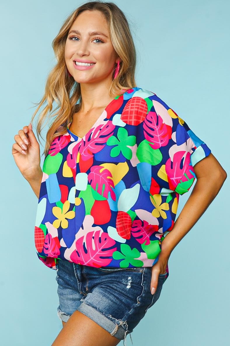 Haptics Time For Sun Navy Multicolor Tropical Print V Neck Top Final Sale Haptics