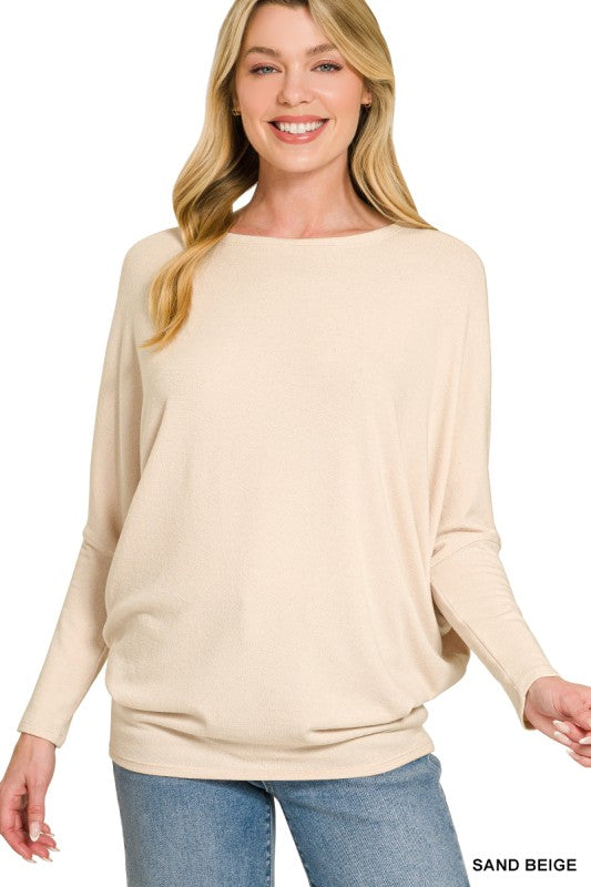 Zenana Naturally Yours Hacci Dolman Sleeve Boat Neck Top in Sand Beige