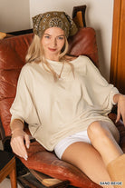 Zenana Naturally Yours Hacci Dolman Sleeve Boat Neck Top in Sand Beige