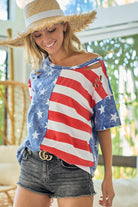 BiBi Mineral Washed Laser Cut American Flag Theme Short Sleeve T-Shirt Trendsi