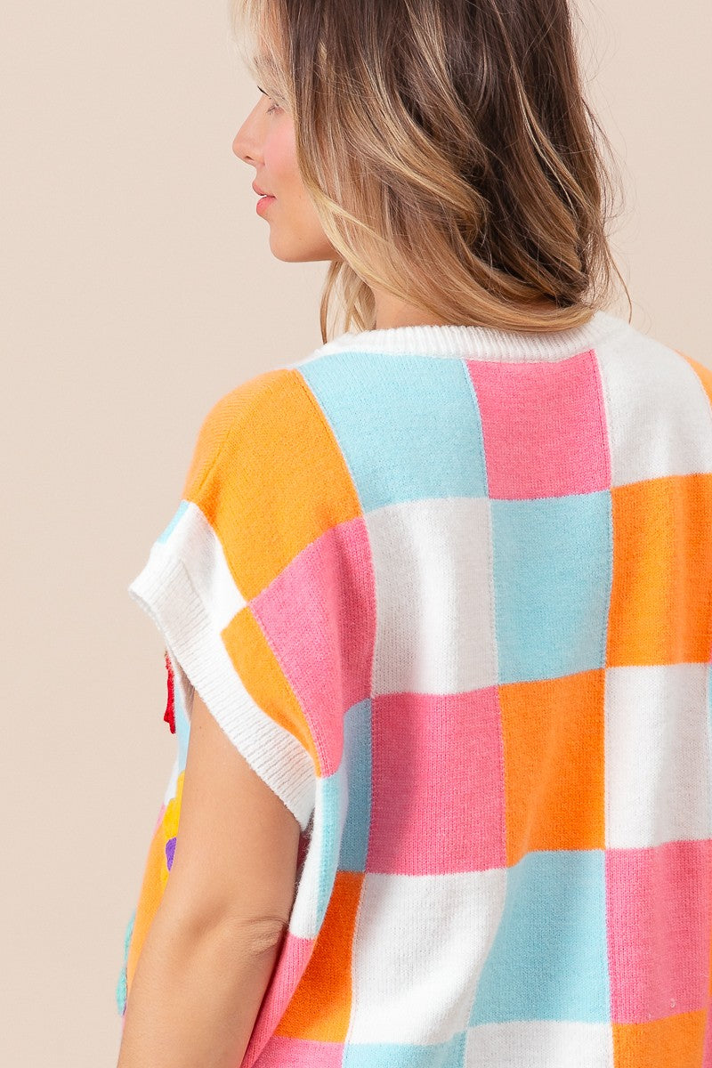 BiBi Orange Multi Flower Patch Checkered Sweater Vest Trendsi