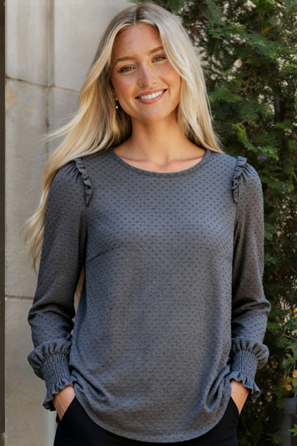 Reborn J Swiss Dot Ruffled Long Sleeve Charcoal Blouse
