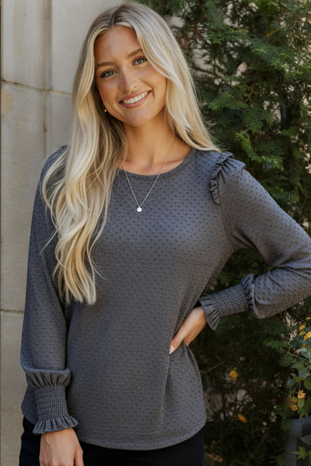Reborn J Swiss Dot Ruffled Long Sleeve Charcoal Blouse