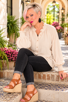 Jodifl For You I Do Button Up Oatmeal Crinkle Woven Sleeve Blouse Tops