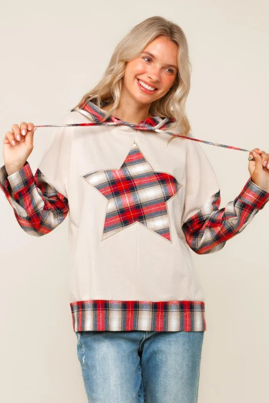 Haptics Cream + Plaid Check Color Block Star Patchwork Hoodie
