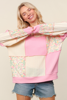 Haptics Pink Round Neck Bubble Long Sleeve Rib Cable Knit Floral Print French Terry Color Block Patchwork Pullover Knit Top