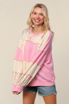 Haptics Pink Round Neck Bubble Long Sleeve Rib Cable Knit Floral Print French Terry Color Block Patchwork Pullover Knit Top