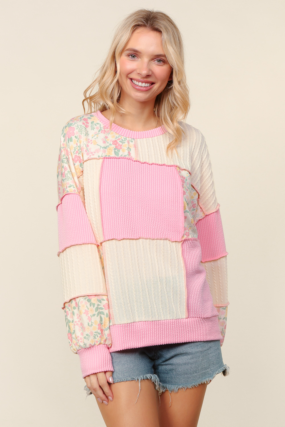 Haptics Pink Round Neck Bubble Long Sleeve Rib Cable Knit Floral Print French Terry Color Block Patchwork Pullover Knit Top Small