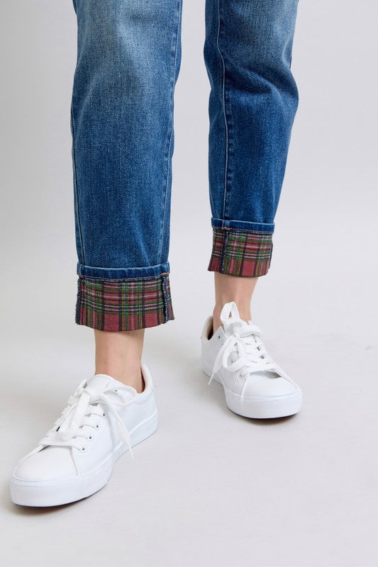 Judy Blue Plaid Print Cuff Straight Leg Mid-rise Boyfriend Jeans Jeans