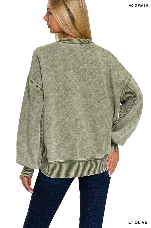 Zenana Light Olive Acid Washed Oversized Dropped Shoulder Lantern Sleeve Sweatshirt Trendsi
