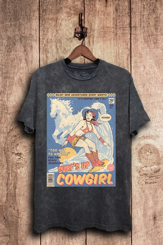 Lotus Fashion Black Mineral Washed Surf’s Up Cowgirl Graphic Tee Shirts & Tops