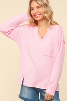 Haptics Notch Neck Pink Pocket Drop Shoulder Ribbed Top