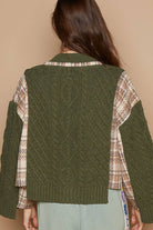 POL Cable-Knit Plaid V-Neck Button Up Cardigan in Moss Shirts & Tops