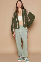 POL Cable-Knit Plaid V-Neck Button Up Cardigan in Moss Shirts & Tops