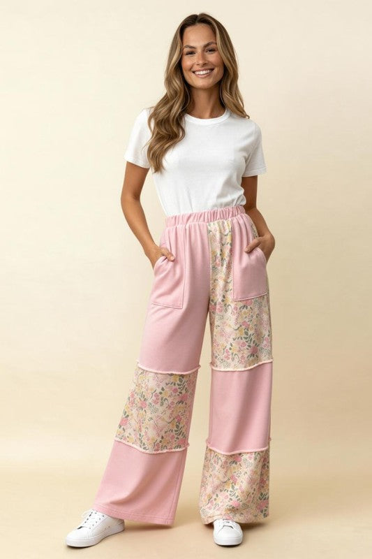Haptics French Terry Floral Color Block Straight Leg Pants – Light Blue
