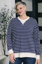 Zenana Navy Contrast Striped Round Neck Sweatshirt NAVY