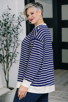 Zenana Navy Contrast Striped Round Neck Sweatshirt