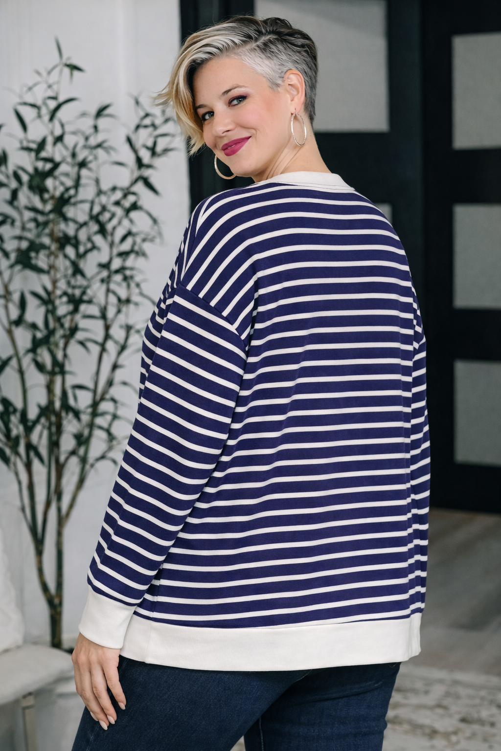 Zenana Navy Contrast Striped Round Neck Sweatshirt