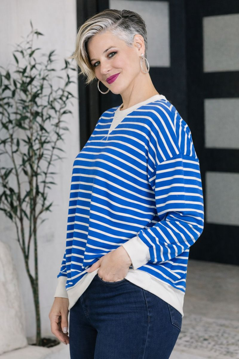 Zenana Ocean Blue Contrast Striped Round Neck Sweatshirt OCEAN BLUE