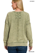 Zenana Light Olive Acid Washed French Terry Exposed Seam Dropped Shoulder Sweatshirt Trendsi