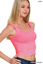 Zenana Candy Pink Stone Washed Ribbed Scoop Neck Wide Strap Seamless Bra Tank