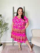 Haptics Fuchsia Floral Print V Neck Dolman Sleeve Dress