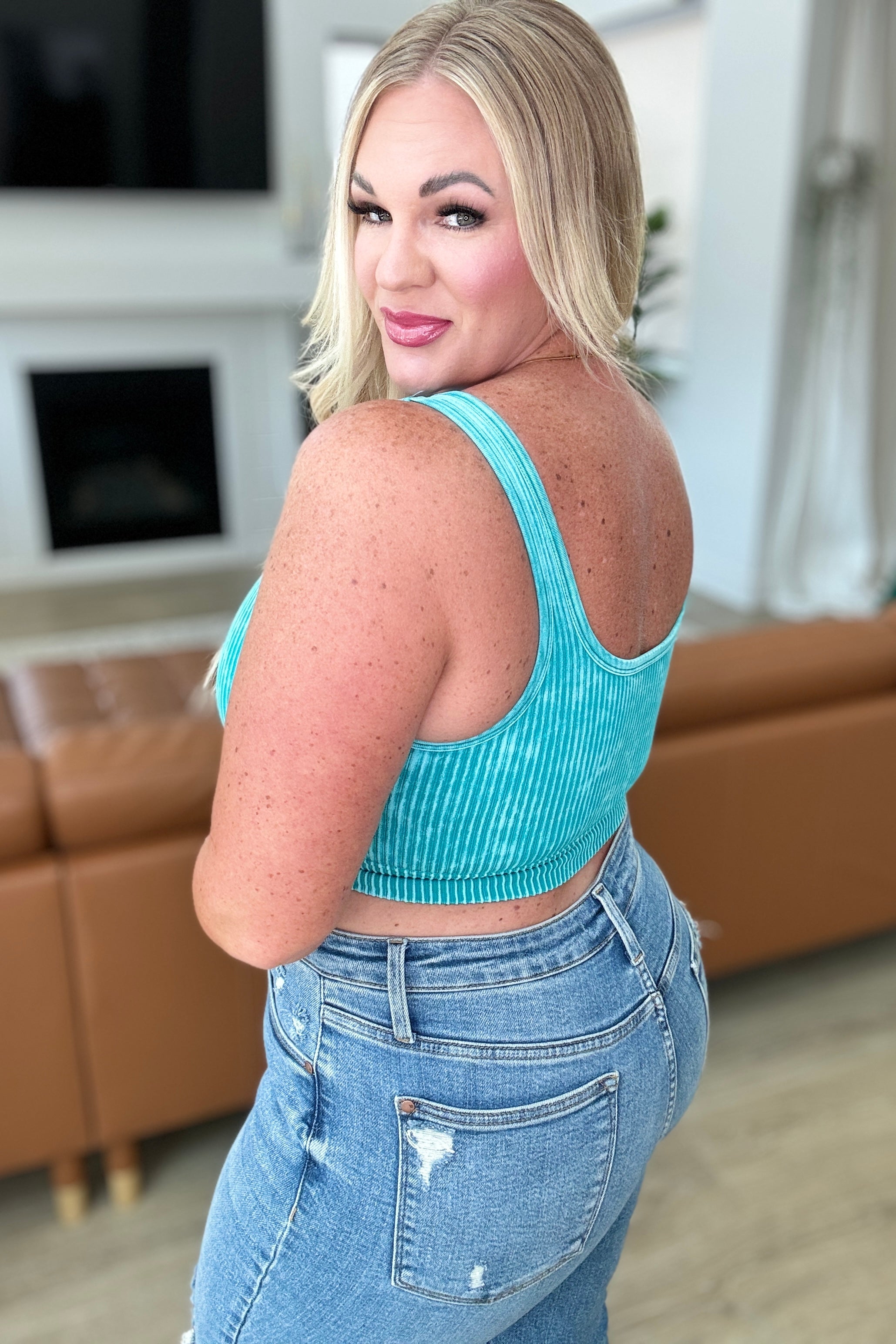 Zenana When and Where Reversible Ribbed Cropped Tank in Light Teal Ave Shops