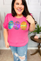 Haptics Turn Heads Hot Pink Sequin Easter Egg Terry Top Final Sale Haptics