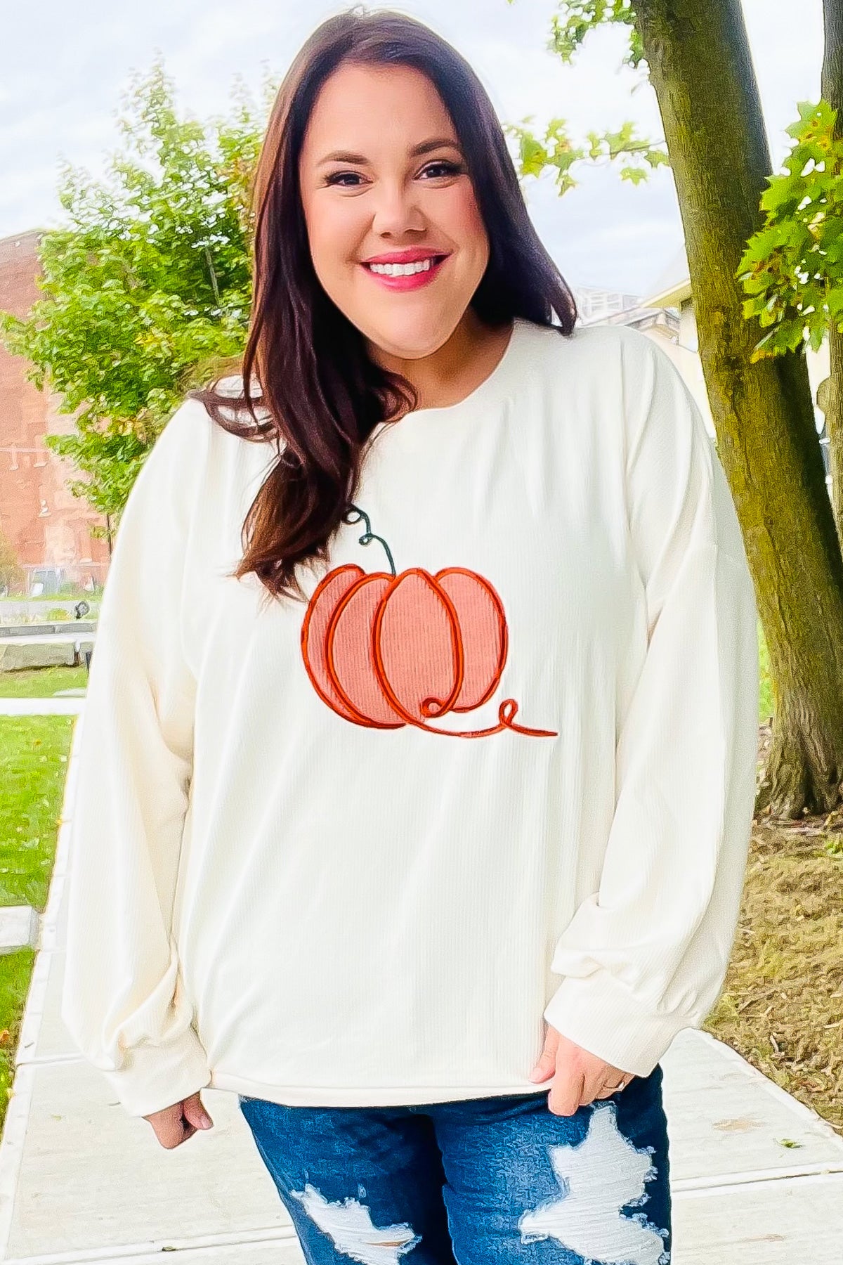 Haptics Lovely Ivory Embroidered Pumpkin Knit Sweater Haptics