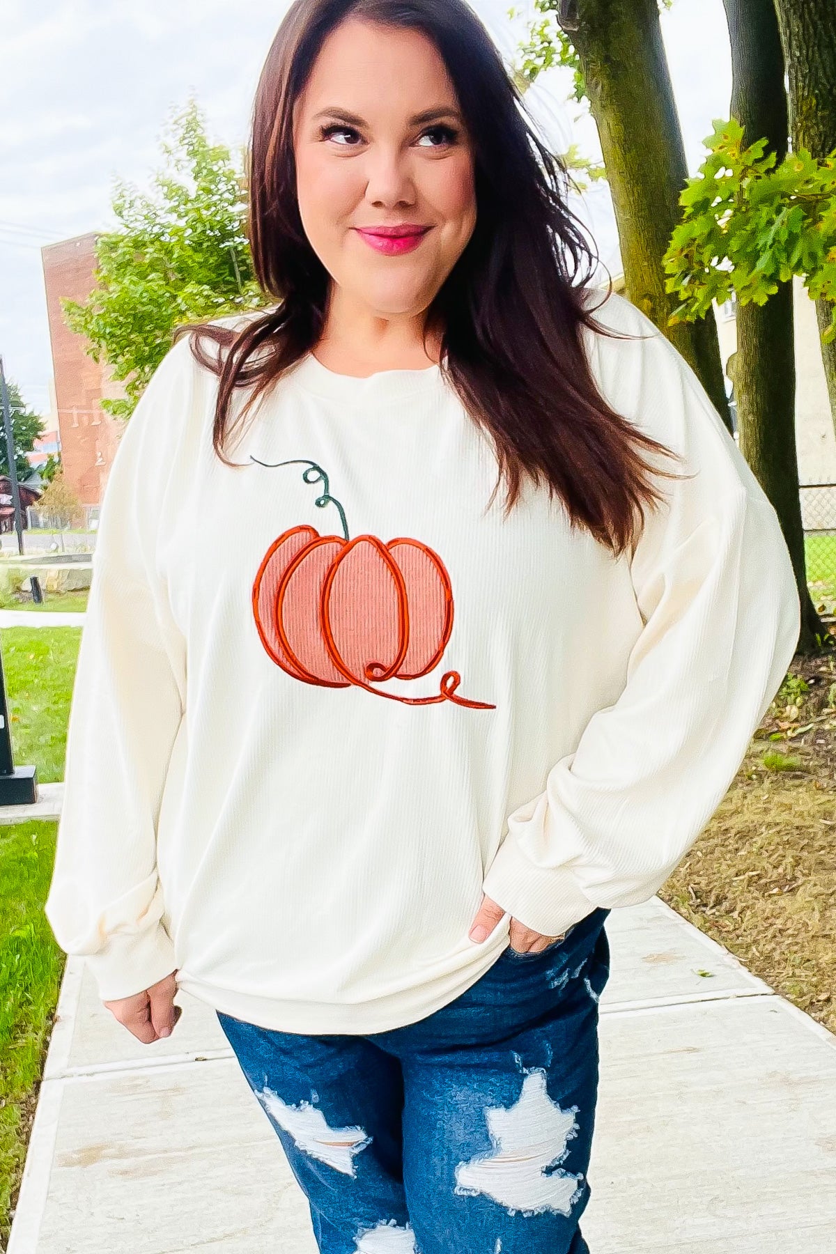 Haptics Lovely Ivory Embroidered Pumpkin Knit Sweater Haptics