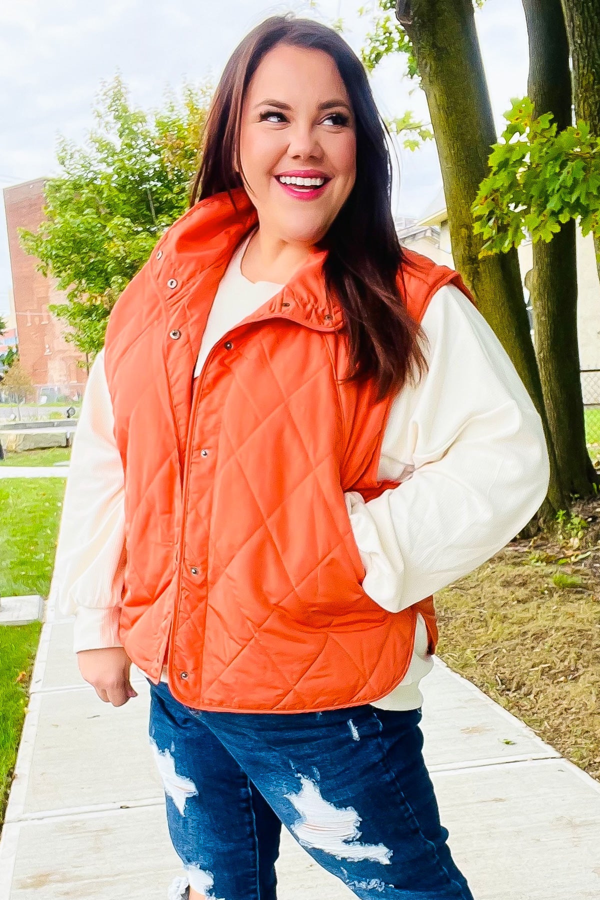 Haptics Weekend Ready Rust High Neck Snap Button Quilted Puffer Vest