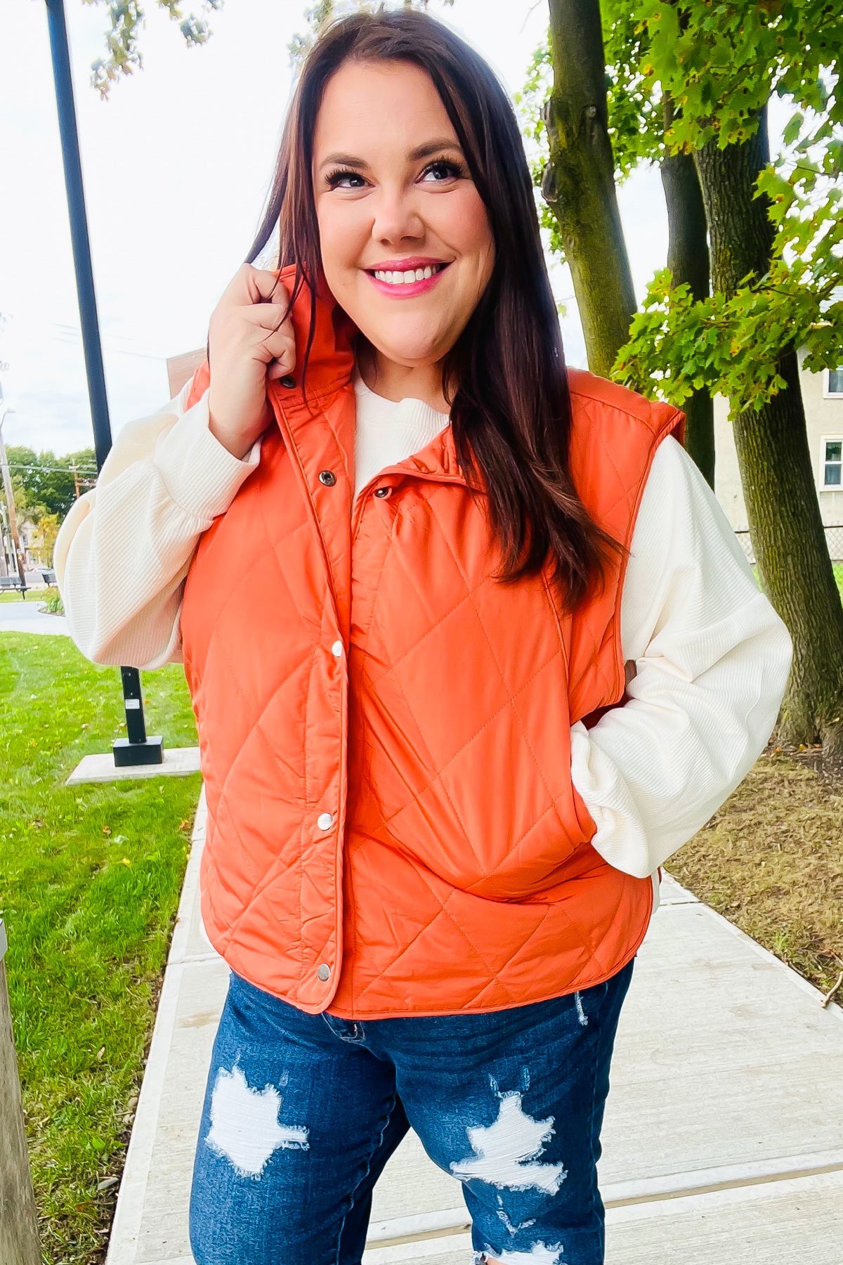 Haptics Weekend Ready Rust High Neck Snap Button Quilted Puffer Vest