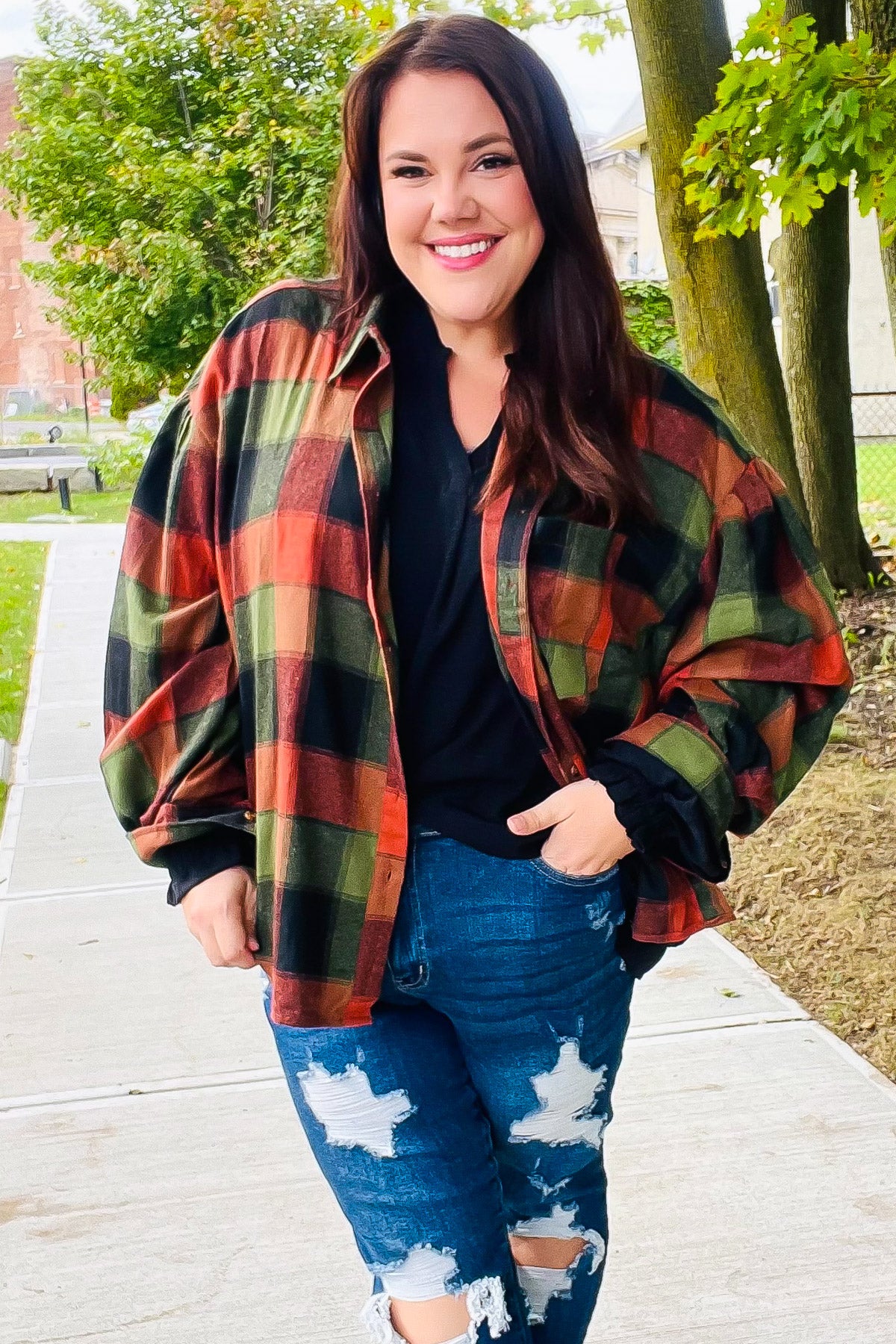 Haptics Rock'n Plaid Olive & Rust Button Down Oversized Shirt Haptics