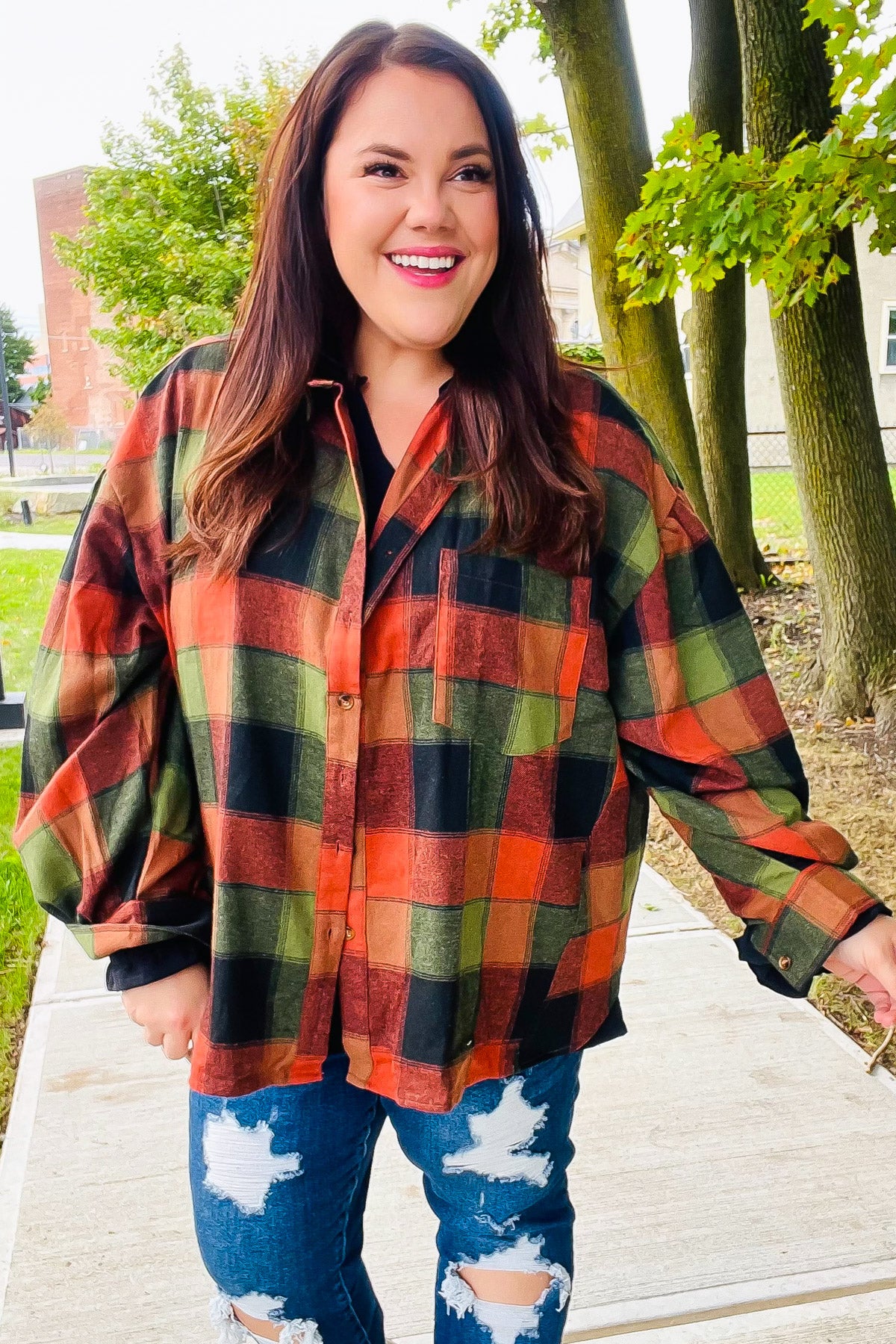 Haptics Rock'n Plaid Olive & Rust Button Down Oversized Shirt Haptics