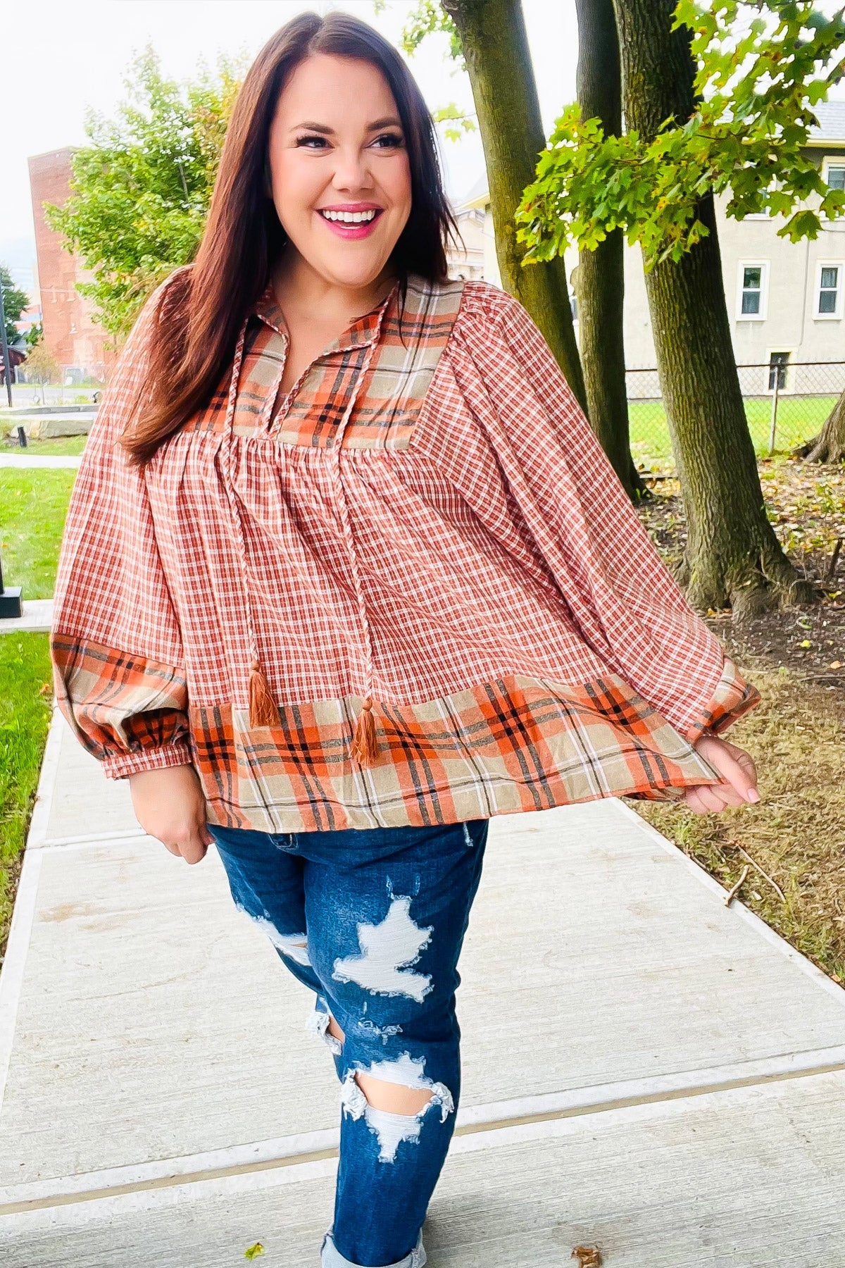 Haptics Under Your Spell Rust Plaid Color Block Notch Neck Top