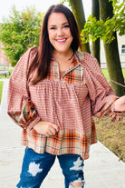 Haptics Under Your Spell Rust Plaid Color Block Notch Neck Top